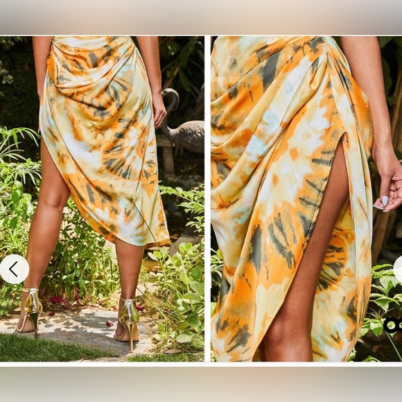 Pretty little things Orange Tie Dye Ruched Side Midi Skirt NWT - Picture 4 of 8